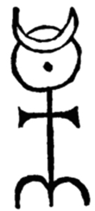 Zwei Halbkreise, ein Kreuz, ein gepunkteter Kreis und eine Sichel – das Zeichen, das Christian Rosencreutz.