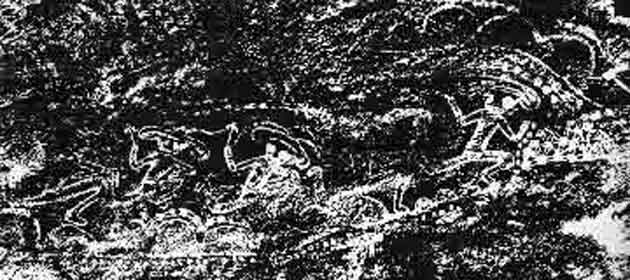 Unbekannter Künstler: Mouches volantes-ähnliches steinzeitliches Felsbild (ca. 10 000 BP) aus Tassili (Sahara/Algerien).